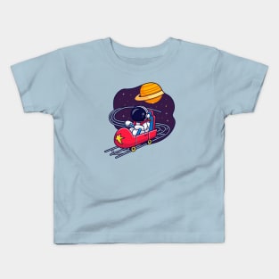 Cute Astronaut Riding Rollercoster In Space Cartoon Kids T-Shirt